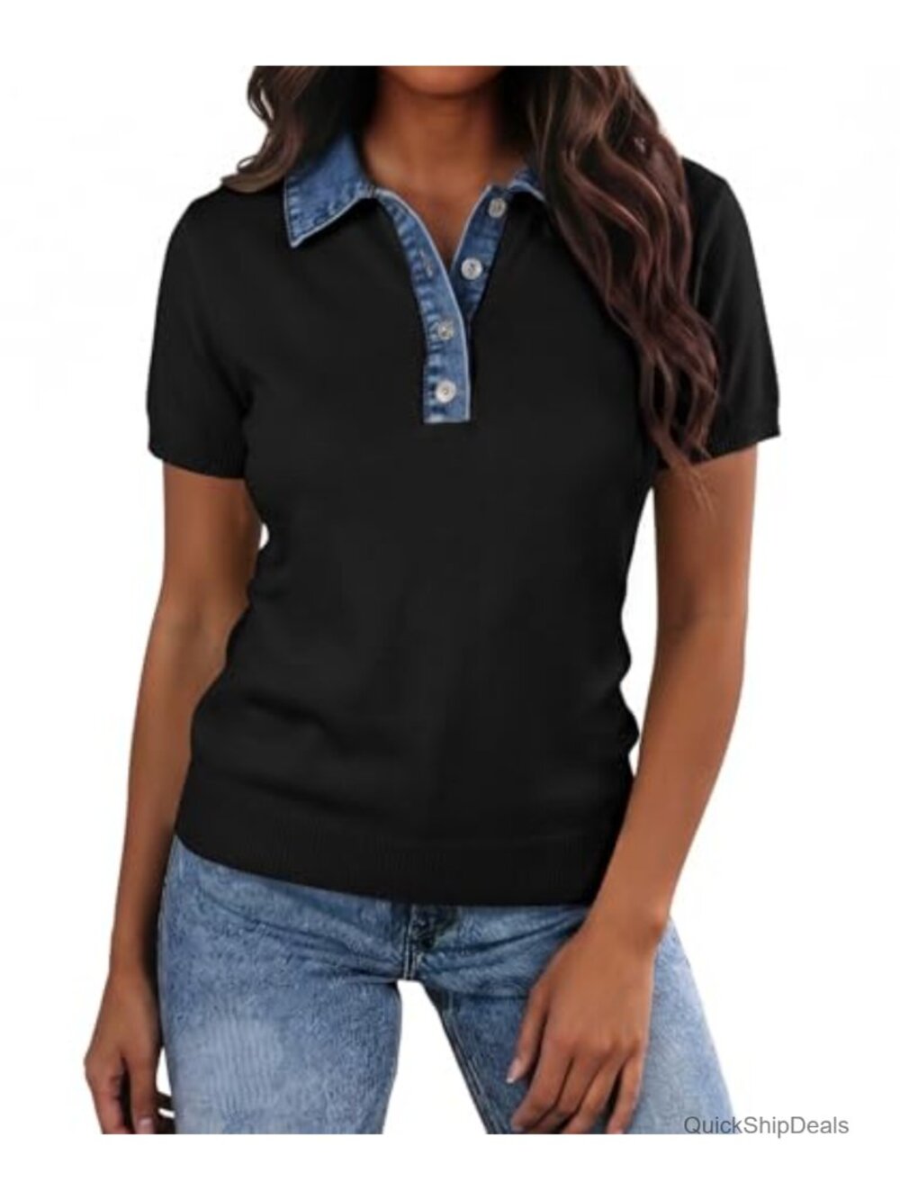 Short Sleeve Knit Denim Patchwork Polo Collar Sweater Top